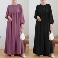 Women's Clothing Muslim Women's New Solid Color Robe Loose Dress Fashion Casual Lantern Sleeve Long Skirt