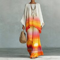 Bohemian Print Lounge Set Flowy Long Robe Pants Two Piece Outfit S 9 Colors
