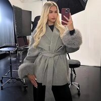 Elegant French Wool Blend Short Coat V Neck Belted Tweed Jacket Faux Fur Cuffs Classic Solid Colors Office & Casual Wear