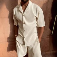New Style Corduroy Casual Lapel Shorts Two Piece Set Suit Sports Men's Solid Color T Shirt Shorts Running Training Suit