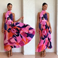 Clothing Halter Neck Pleated Casual Dress Loose Holiday Large Swing Skirt