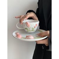 Tulip Ceramic Mug Design Sense 3D Relief Water Breakfast Coffee Household Drinking Cup