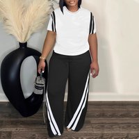 Clothing Large Striped Printed Two Piece Round Neck Short Sleeved Top Pants