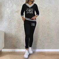 Clothing Suits All Match Printed Patchwork V Neck Long Sleeved Top Elastic Waist Pocket Trousers Two Piece Suit