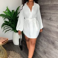 2025 Spring New Women’s Fashion V-Neck Bubble Long Sleeve Dress