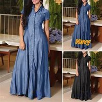 Clothing Long Dress Shirt Collar Pocket Large Dress Casual Denim Dress