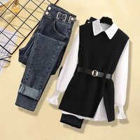 Clothing Knitted Vest Shirt Female Temperament Slim Jeans Plus Spring Outfit Set Knit Vest Shirt & Slimming Jeans