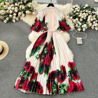 Clothing large clothing grade printing heavy beading pleated long dress pleated skirt temperament dress female