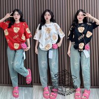 Bear Print Short Sleeve & Faux Denim Print Pants Set Loose Fit Two Piece Outfit Comfortable Loose Fit