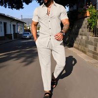 Summer Street Solid Jacquard 2 piece Set Lapel Buttons Fashionable Short sleeved Cardigan + Trousers Casual