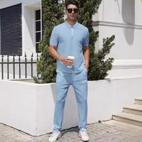 2 Piece Lapel Zipper Short Sleeved Trousers Casual Sports Suit Fashion Polo Shirt
