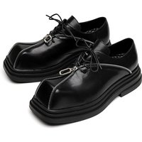 Buffny Chunky Sole Square Toe Zip Up Leather Shoes Punk Gothic Business Casual Shoes 