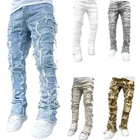 E15E Stacked Jeans Fit Ripped Destroyed Straight Denims Pants Vintage Hip Hop Trouser Streetwear