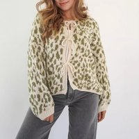  Leopard Print Knit Cardigan – Retro Tie Front Open Sweater Coat 