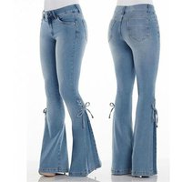 style solid high waisted lace up decorative flared pants stretch jeans trousers