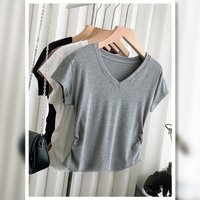 V neck Front Shoulder Short sleeved T shirt Slim fit Design Bottoming Shirt Pleated Curved Hem Top