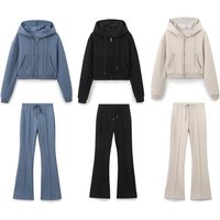 Vintage Inspired Two Tone Crop Hoodie & Flared Pants Set – Stylish Polyester Lounge Outfit Casual & Office Wear