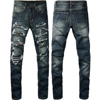 Clothing European American Jeans Fashion Brand High Street Pants Ripped Patch Leather Slim Fit Pants 1320