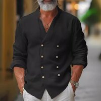 Clothing Double Breasted Shirt Home Leisure Fashion Stand Up Collar Shirt Cotton Linen Long Sleeved Cardigan Jacket