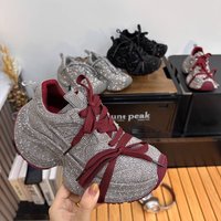 Rhinestone Chunky Sole Fashion Lace Up Leather Casual Sneakers Platform Height Increasing Shoes Round Toe Gray Angora Red
