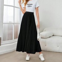 Elegant Pleated Flared Midi Skirt For Women - Black Polyester Skirt, New Style, Perfect For Commute And Travel