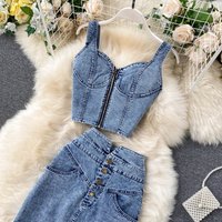 suit feminine short camisole high waist denim skirt