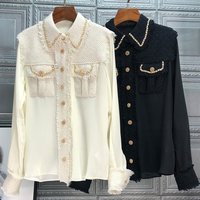 Women's Shirt Chain Gold Braided Tweed Jacket Splicing Top for Women