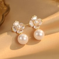 Earrings Women Golden Gem Pearl Earrings S Silver Needle Fashion Simple Inlaid Diamond Flower Pearl Niche Light Luxury Design Gentle Versatile Earrin