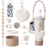 Floral Woven Straw Topper With Cute Pom Keychain & Heart Charm - Compatible With 30oz/40oz Tumblers - Stylish Drink Lid Cover & Straw Cap