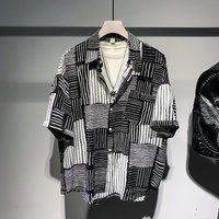 Clothing American Retro Striped Collared Shirt Short Sleeved Block Loose Fit Plus Lbs Instagram Style