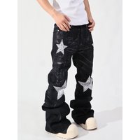 Men's Vintage Star Embellished Distressed Flare Jeans – Retro Rock & Hip-Hop Denim Pants (Black, S-3xl)