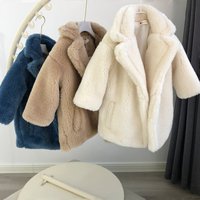 Kids' Longline Faux Fur Coat – Winter & Spring Plush Jacket With Single Button Closure (White/Pink/Khaki/Misty Blue, 90-160cm For Ages 3-8)