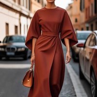 Clothing Fashion Temperament Elegant Solid Waist Dress Casual Bat Sleeve Long Dress