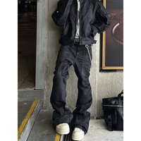 Waxed Coated Flared Jeans – High Street Vintage Stacked Hem Slim Fit Extra Long Pants 