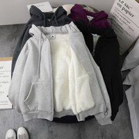 Women's Clothing Lambswool Zipper Cardigan Sweatshirt Women With Hood Autumn And Winter Version Large Size Loose Plus Velvet Thickened Jacket