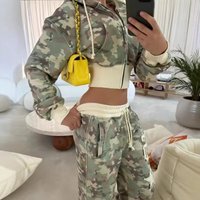 Block Print Hooded Zipper Cardigan Short Sweatshirt High Waist Straight Leg Pants Sexy Street Style Sports