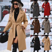 Clothing Elegant Long Wool Coat Belt & Double Breasted Buttons Classic Trench Coat & Autumn Winter Fashion Outerwear