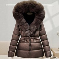 Women's Mid-Length Hooded Cotton Padded Coat with Large Fur Collar Slim Waist Extra Thick Warm Winter Outerwear