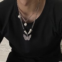 High Street National Tide Ins Hip Hop Street Personality Men And Women Titanium Steel Accessories Butterfly Pendant Dice Pearl Splicing Necklace