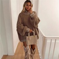 Clothing High Neck Oversized Sweater Contrast Design Soft Polyester Blend Loose Fit Streetwear Chic