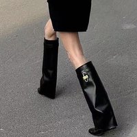 Retro Over Knee High Boots Pointed Toe Buckle Trousers Leg Design Patent Leather Low Heel