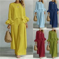 Fashion Set Solid Casual Plus Irregular Long Sleeved Top Wide Leg Pants Two Piece Outfit