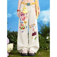 Clothing Summer Design Sense Cartoon Print High Waist Loose Slim Straight Floor Mopping Pants