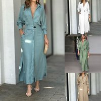 Commuter lace up solid waist long sleeved deep V neck summer dress