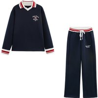 Women's Clothing Personalized Letter Embroidered Polo Color Matching Pullover Sweatshirt Drawstring Color Matching Casual Sports Trousers Suit