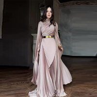 Elegant Long Sleeve Wrap Dress Slit & Belt Flowy Line Maxi Dress Satin Polyester Available 7 Colors
