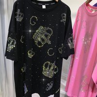 Extra Large Size 2-300 Pounds Heavy Industry Hot Diamond T-shirt Crown Shiny Short-sleeved Fashion Style Top
