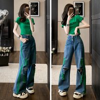 Clothing Casual Trendy Two Piece Set Summer High Waisted Ripped Jeans Short Top Youthful Style