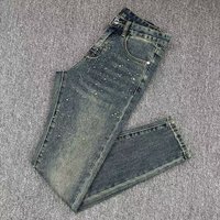 Men's Slim Fit Straight Leg Jeans With Rhinestone Star Design, Stretch Denim Ankle-Length Trousers For Casual Wear