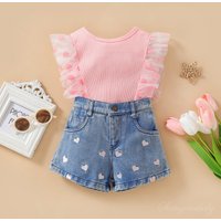 Foreign Trade Children’s Clothing Fashion Children’s Summer Clothing New Style Mesh Lace Sleeve Top Heart Denim Shorts Girls Suit